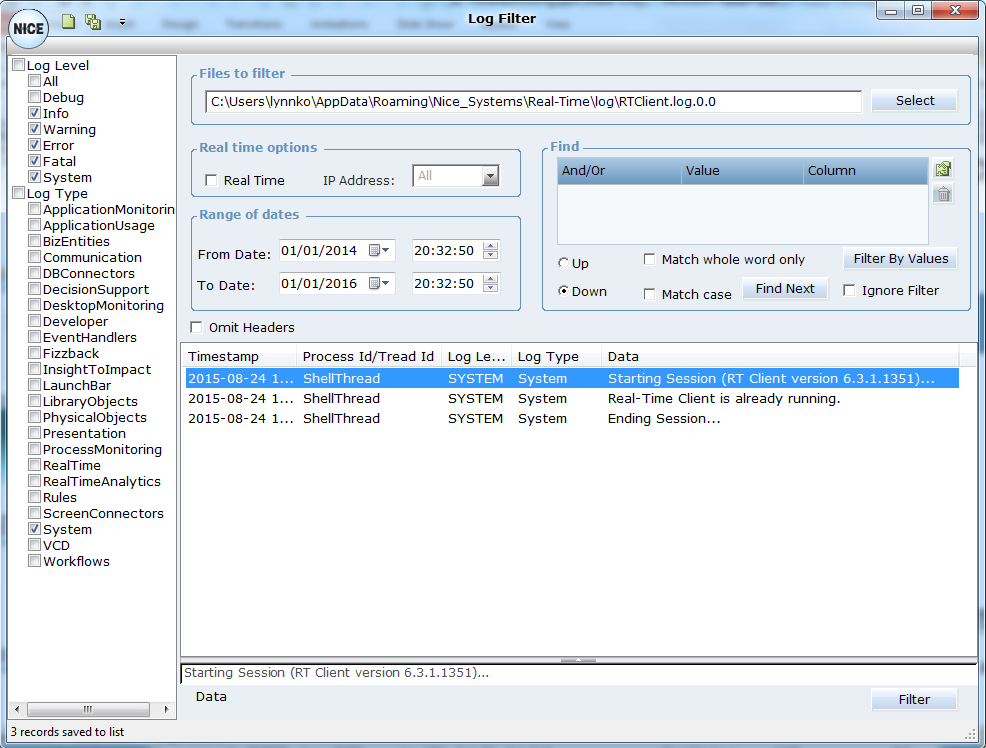 Log File Selection Searching the Logs